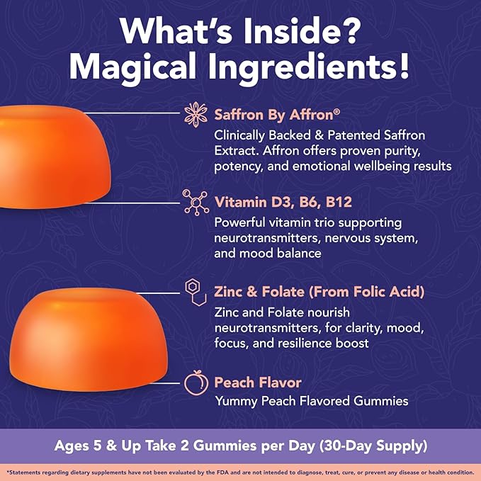 NutriMagic Kids Brain Booster+ Affron® Saffron Extract, 2IN1 Cognitive Support & Multivitamin D3, B6, B12, Zinc Gummies Supplement, Supports Focus, Attention, Memory, Mood Balance - 60 Peach Gummies