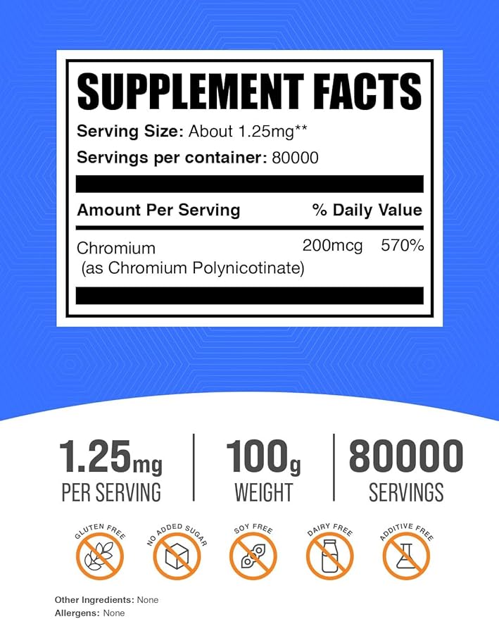 BulkSupplements.com Chromium GTF Powder - Chromium Polynicotinate - Gluten Free & Yeast Free, 1.25mg per Serving (200mcg), 100g (3.5 oz) (Pack of 1)
