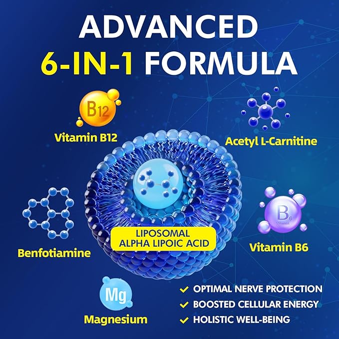 Advanced Liposomal Alpha Lipoic Acid 1000mg ALA Supplement for Nerve Relief, Cell Energy & Antioxidant Support, with Benfotiamine & Acetyl L-Carnitine, for Adults 40+, 60 Capsules