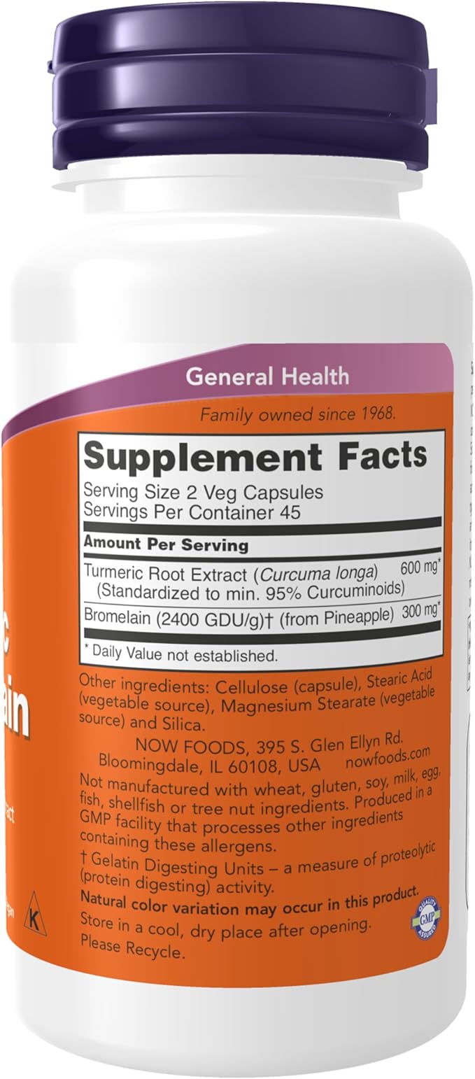 NOW Foods Supplements, Turmeric & Bromelain (Standardized Turmeric Extract) with Bromelain 2400 GDU/g, 90 Veg Capsules