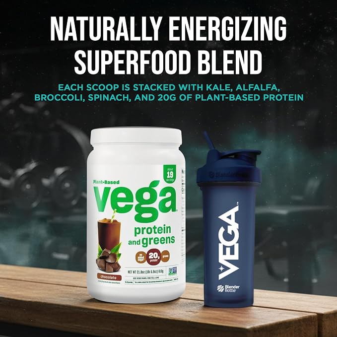 Vega Premium Protein + Supergreens, Chocolate – 20g Vegan Protein, Dairy & Gluten Free, 22.4 oz (19 Servings)