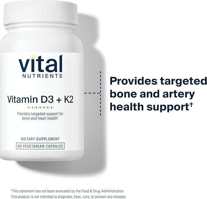Vital Nutrients Vitamin D3 + K2 | 2000 IU | Vitamin D3 K2 Supplement | Vitamin D Complex for Healthy Calcium Levels, Muscle & Bone Health | Gluten, Dairy, Soy Free | 60 Capsules