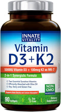 Innate Vitality Vitamin D3 K2 Supplement 90 Softgels, Vitamin D3 5000 IU + K2 100 mcg with Cold-Pressed Olive Oil for Maximize Absorption, Non-GMO, No Soy or Gluten, Bone, Immune & Heart Support