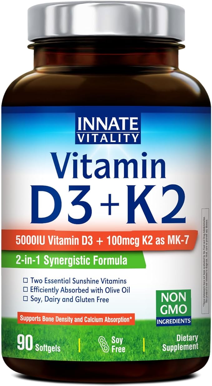 Innate Vitality Vitamin D3 K2 Supplement 90 Softgels, Vitamin D3 5000 IU + K2 100 mcg with Cold-Pressed Olive Oil for Maximize Absorption, Non-GMO, No Soy or Gluten, Bone, Immune & Heart Support