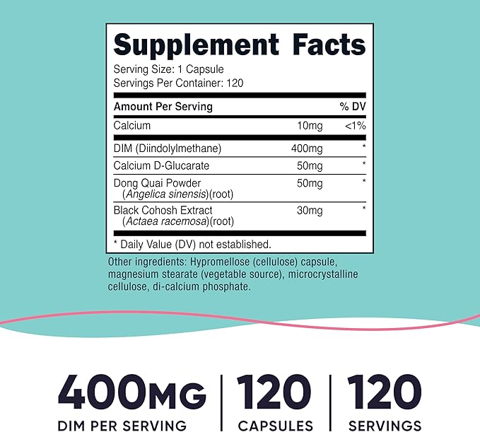 Nutricost Diindolylmethane DIM Supplement for Women 400mg, 120 Capsules, with Dong Quai, Calcium & Black Cohosh - Vegan, Non-GMO and Gluten Free