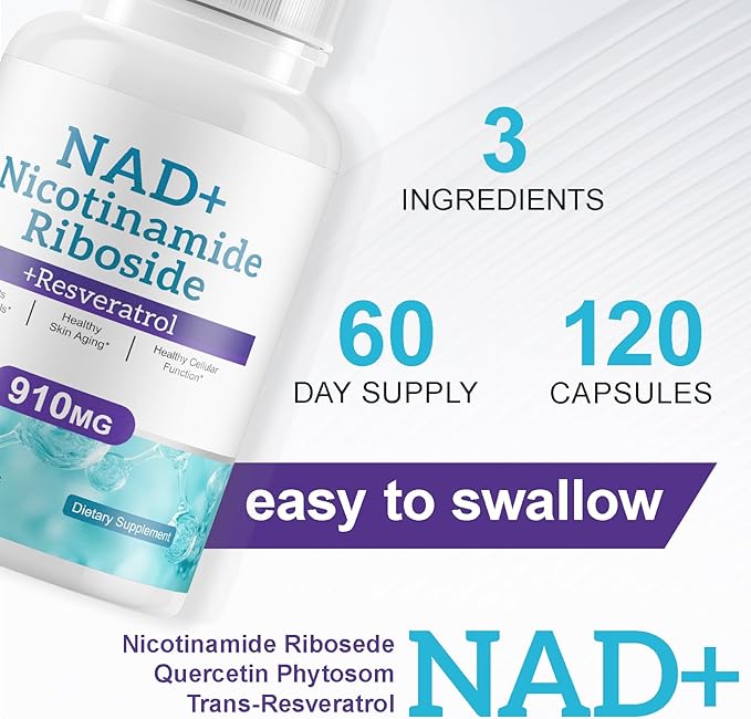 Liposomal NAD Resveratrol Supplement - Nicotinamide Riboside & Quercetin - High Purity NAD Supplements for Anti-Aging, Focus, Energy 120 Capsules