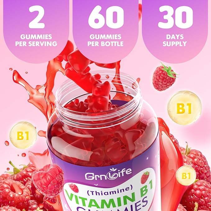 Vitamin B1 Gummies 500mg for Adults & Kids – High Potency Thiamine B1 Supplement for Energy & Nervous System Support, Sugar-Free, Raspberry Flavor, 60 Count