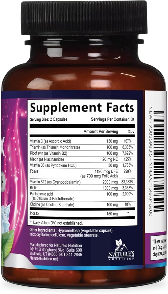 B Complex Vitamins Capsules - Super Complete B-100 Complex with Vitamin B12 B6 C Biotin Folate & Folic Acid for Immune & Energy Support - Supplement for Heart, Brain, & Nerve Support - 60 Capsules