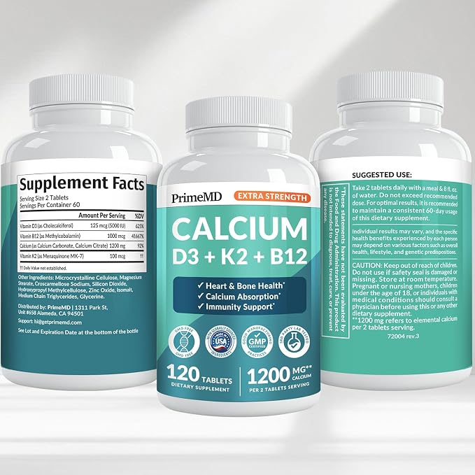 4-in-1 Calcium 1200 mg with Vitamin D3 Supplements for Women and Men - Calcium Extra Strength with Vitamin D3 K2 5000 IU Supplement,1200 mg per Serving - Vegan-Friendly - (120 Count) (Pack of 1)