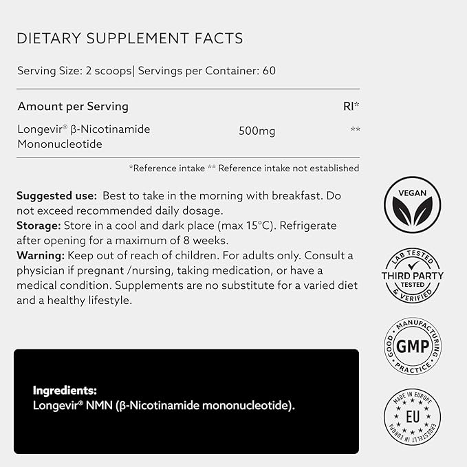 PUROVITALIS NMN Powder, 99% Pure Longevir Nicotinamide Mononucleotide Supplement, NAD+ Boost for Cellular Health, Energy & Healthy Aging, 2-Month Supply (30g)