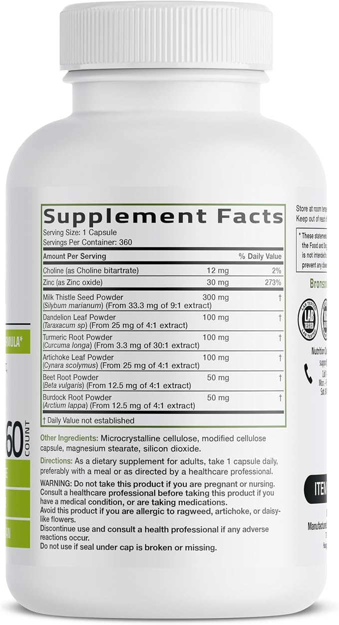 Bronson Liver Detox Advanced Detox & Cleansing Formula Supports Health Liver Function with Milk Thistle, Dandelion Extract, Turmeric, Artichoke Leaf & More, Non-GMO, 360 Vegetarian Capsules
