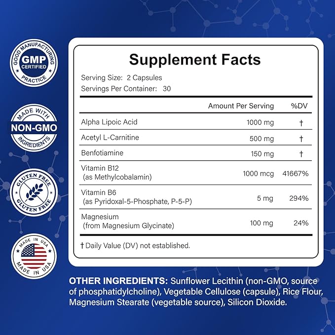 Advanced Liposomal Alpha Lipoic Acid 1000mg ALA Supplement for Nerve Relief, Cell Energy & Antioxidant Support, with Benfotiamine & Acetyl L-Carnitine, for Adults 40+, 60 Capsules