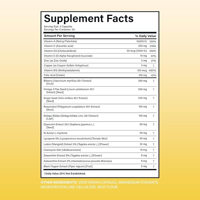 Omega 3 Fish Oil Supplements with Lutein Zeaxanthin Bilberry Vitamins Capsules Grape Seed Extract Supplement - 120 Count