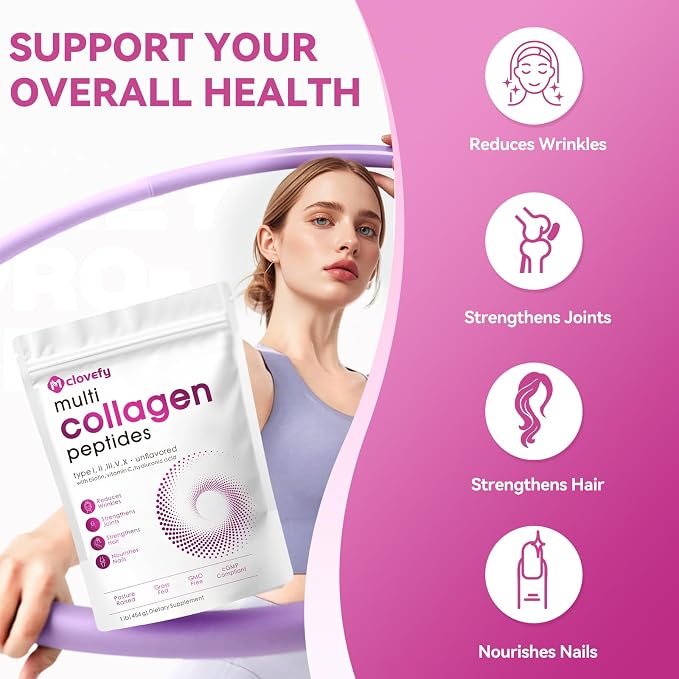 Multi Collagen Peptides Powder, 16 Oz (41 Servings) - Protein Supplement, Type I, II, III, V, X with Hyaluronic Acid, Vitamin C and Biotin, Unflavored, Easily Mixes in Drinks