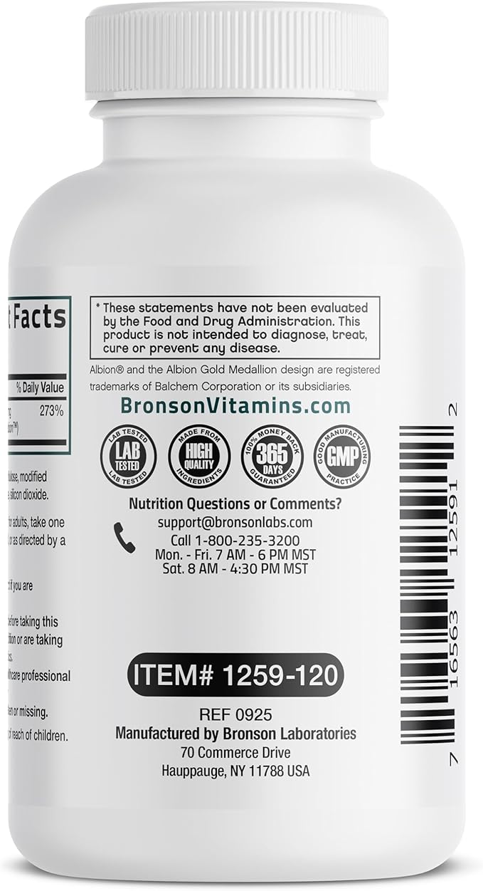 Bronson Zinc Glycinate 30mg Chelated Superior Absorption 100% Chelated Formula Non-GMO, 120 Vegetarian Capsules