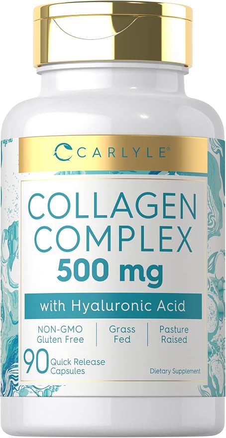 Carlyle Collagen Pills with Hyaluronic Acid | 500mg | 90 Capsules | Hydrolyzed Collagen Type 1 and 3 | Non-GMO, Gluten Free Supplement