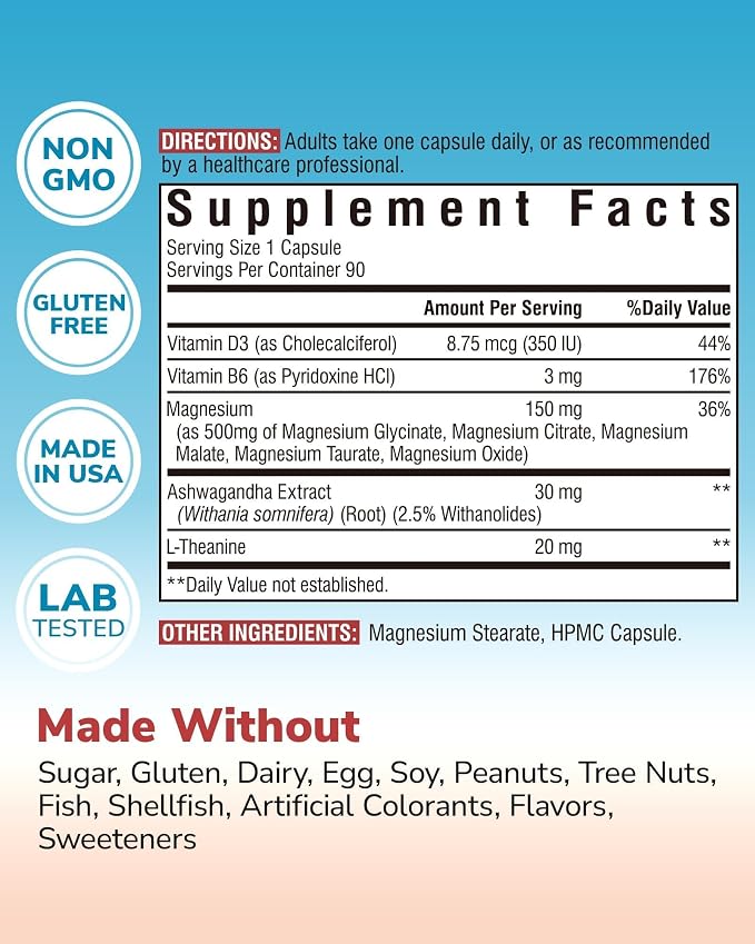 Vitalibre Magnesium Complex with Ashwagandha & L-Theanine - Stress Relief, Bone & Relaxation Support - w/Vitamin D3, B6 - Glycinate, Citrate, Malate, Taurate - 90 Vegan Capsules, Non-GMO, Gluten Free