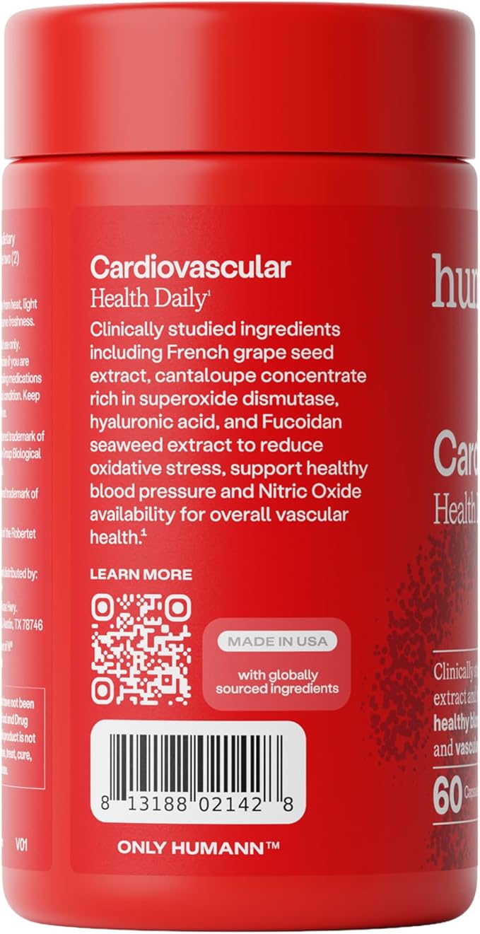 Humann Cardiovascular Health Daily, 4-in-1 Vascular & Blood Pressure Support, Grape Seed Extract Capsules & Hyaluronic Acid Circulation Supplements, Plant-Based Non-GMO, 60 Capsules