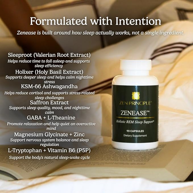 Zen Principle Zenease Sleep Support with Magnesium Glycinate, Ashwagandha KSM-66®, Saffron, L-Theanine & GABA – No Melatonin, Natural Stress Relief & Sleep Aid. 180 Capsules
