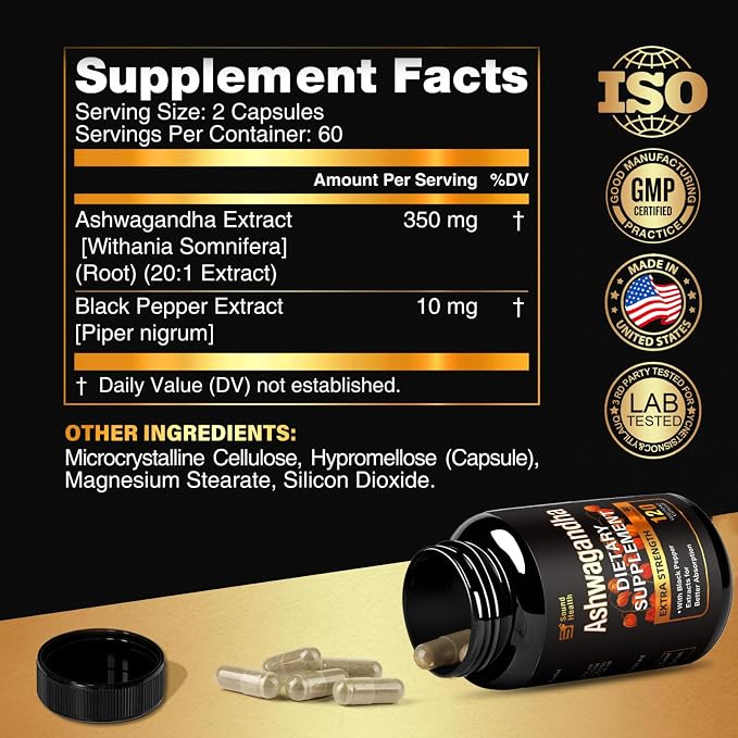 SoundHealth Organic Ashwagandha Capsules Supplement - 120 Capsules (60 Servings)