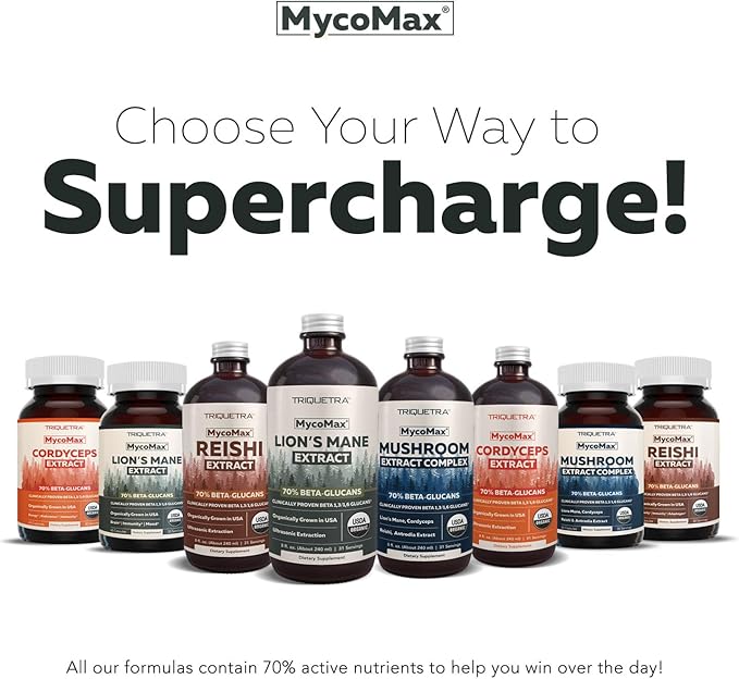 MycoMax Lions Mane Supplement - 70% Beta Glucans, Max Potency Organic Lion’s Mane Extract, US Grown + Ultrasonic Extraction - 500 mg serving - Supports Mental Clarity, Focus and Memory - 60 Capsules