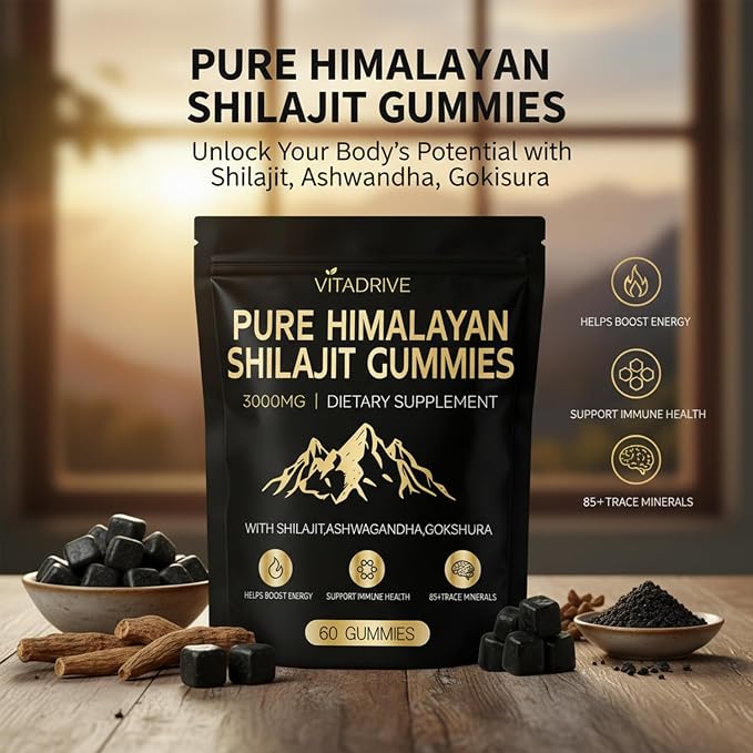 Himalayan Natural Shilajit Gummies, Shilajit Gold Gummies Energy Boost, 85+ Trace Minerals and Fulvic Acid for Energy Boost, All-Natural Sugar-Free Vegan for Men & Women, 60 Count