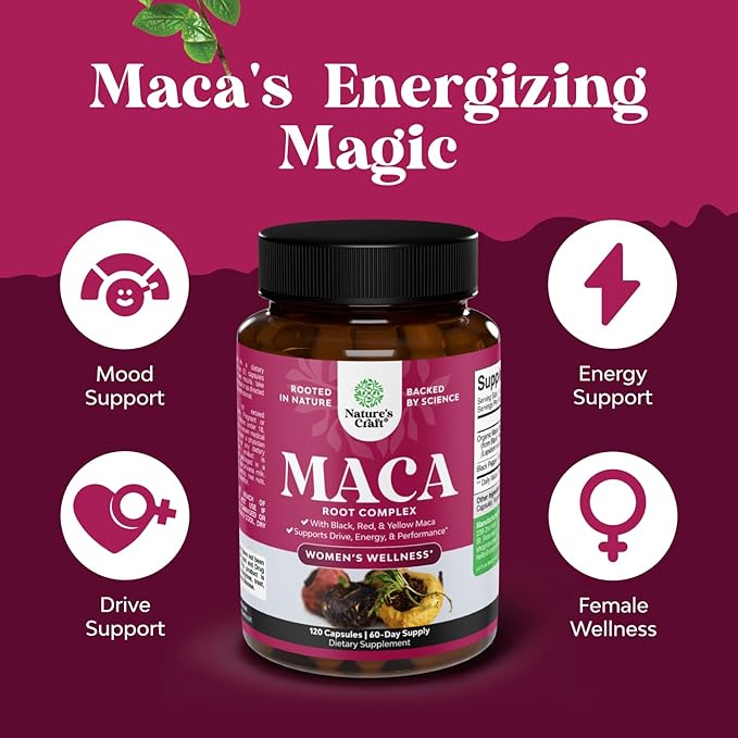 Maca Root Capsules for Women - Potent Herbal Supplement with Female Enhancing Blend of Red Yellow & Black Maca Root - Non-GMO Certified Vegan and Gluten-Free with No Artificial Colors - 120 Count