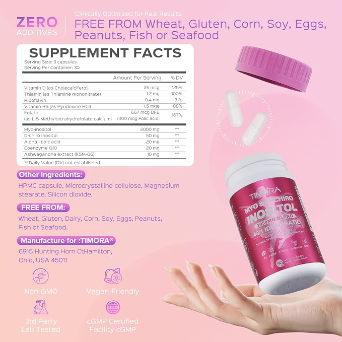 TIMORA Premium Myo & D-Chiro Inositol Supplement 40:1 Ratio for Women - 10-in-1 Formula with Folate, Vitamin D3 & Ashwagandha