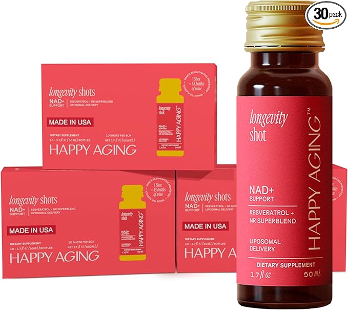 Happy Aging Liquid NAD+ Resveratrol Supplement, NMN Alternative, Liposomal Nicotinamide Riboside & Antioxidants for Energy Support, Brain Health, Firm Skin, Twice Weekly Use, 30 Shots