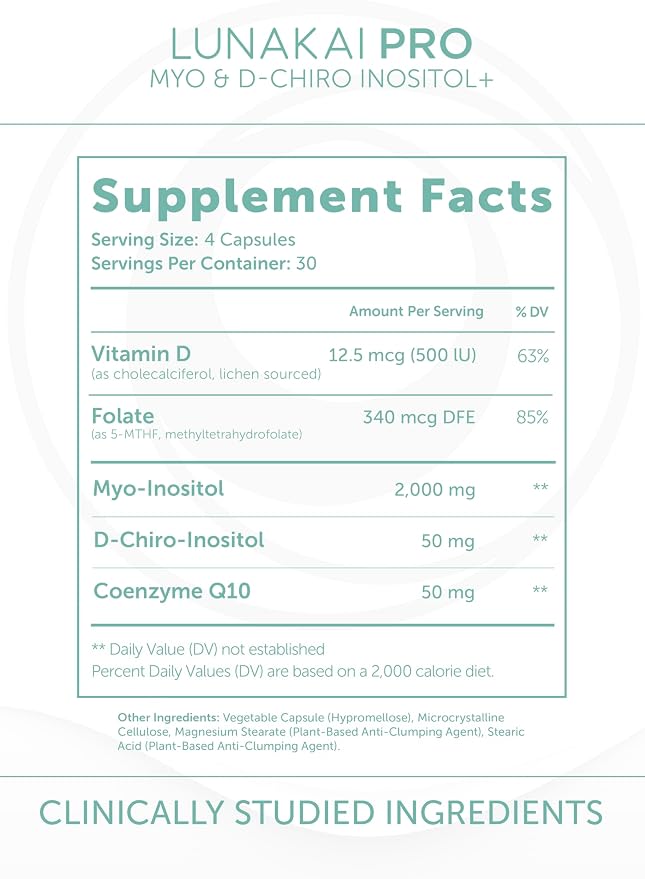 Lunakai PRO - Clinically Studied USA Made Myo-Inositol & D-Chiro Inositol Supplement for Women - 40:1 Ratio 4000mg with CoQ10 Folate & Vitamin D3 - Daily Hormone Balance & Ovarian Support - 120ct