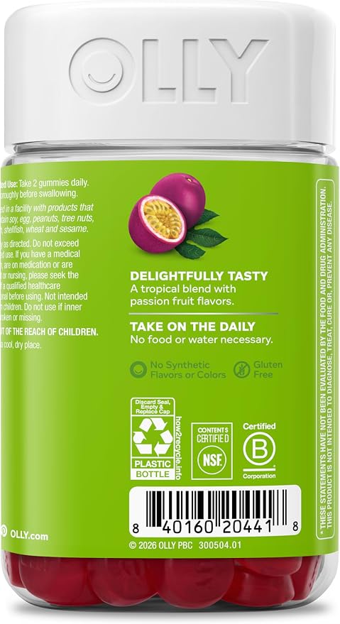 OLLY Daily Energy Gummy, Caffeine Free Cellular Energy Production,* Vitamin B12, CoQ10, Goji Berry, Adult Chewable Supplement, Tropical Passion Flavored, 60 Day Supply - 120 Count