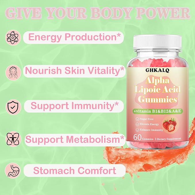 Alpha Lipoic Acid Gummies 1000Mg with Vitamin B1,B12&A,E,ALA Supplement,Provide Energy&Enhance Immunity,Liposomal Enhance Absorption,Sugar Free,Strawberry Flavor,60 Gummies
