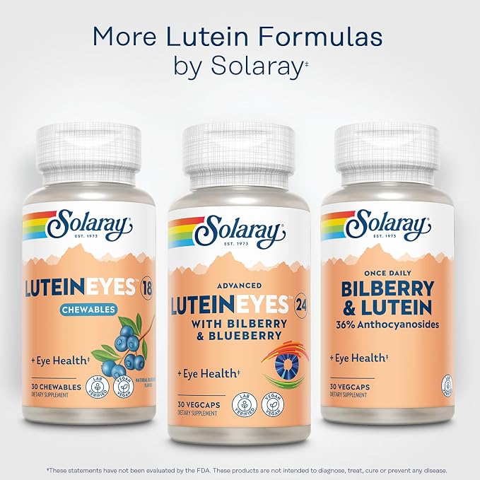 SOLARAY Advanced Lutein Eyes 24mg with Bilberry Extract and Blueberry Extract, Eye & Macular Health Support Supplement Supplying Zeaxanthin from Marigold, Vegan, 30 Servings, 30 VegCaps