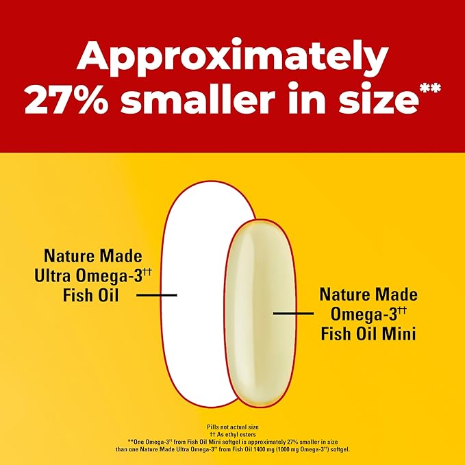 Nature Made Extra Strength Burp Less Fish Oil Omega 3 Supplements 1400 mg Minis, Omega 3 Fish Oil as Ethyl Esters for Healthy Heart Brain Eyes Support, 60 Softgels, 30 Day Supply