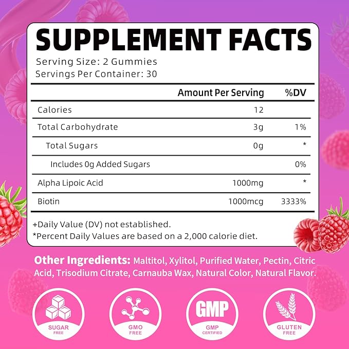 Pack of 2 Alpha Lipoic Acid Gummies 1000MG with Biotin, High Absorption Chewable ALA Supplement for Antioxidant, Brain Health and Nerve Support, Raspberry Flavor, 120Count