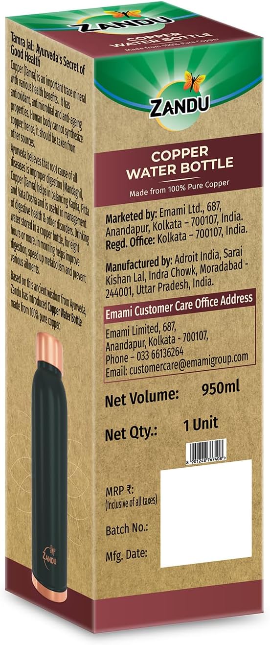 Zandu Copper Bottle (Green): Prepared with 100% Pure Copper | Useful in Promoting Overall Health (Pack of 950 ml)