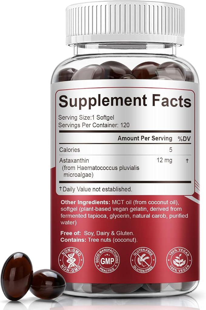 BEWORD Astaxanthin 12mg with MCT Oil, 120 Softgels 4-Month Supply | Premium Antioxidant Supplements | Natural Microalgae, Triple Strength | Supports Skin & Eye Health | Non-GMO, Gluten & Soy-Free
