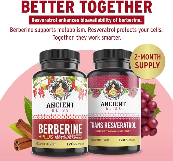Ancient Bliss Berberine HCL 1200mg with Ceylon Cinnamon, Bitter Melon, and Green Tea Extract - 120 Capsules