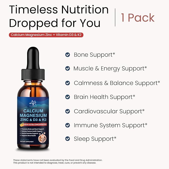 (2 Pack) 10 in 1 Magnesium Calcium Zinc Supplement with Vitamin C D3 K2, Glycinate Mag Vegan Liquid Drops Plus L-Theanine Boron Sea Moss Extract, Bone & Immune Support, Orange Flavor, 1 Fl Oz