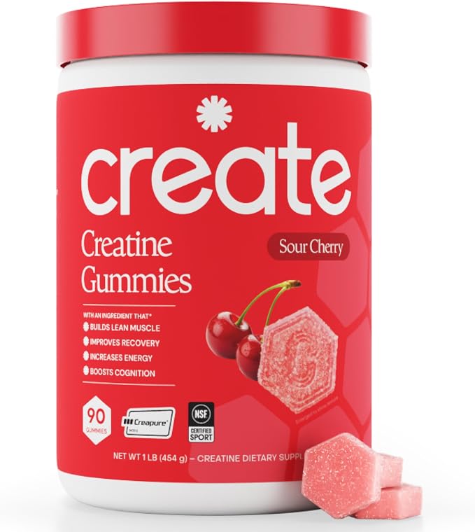 Create Creatine Monohydrate Gummies for Men & Women, Boost Focus, Strength, and Endurance, Anti-Melting Formula, Vegan, Gluten-Free, Non-GMO, 1.5g of Creatine per Gummy (Sour Cherry)