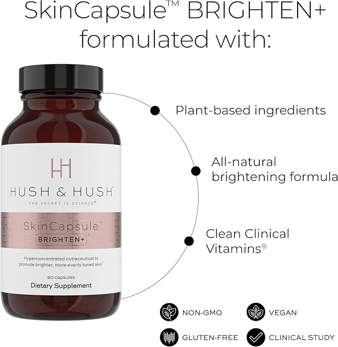 Hush & Hush Vitamin C Supplement for Skin Brightening – Clinically Proven, Antioxidant-Rich Formula to Reduce Dark Spots, Discoloration & Blue Light Damage – Vegan, Non-GMO, Gluten-Free – 60 Capsules
