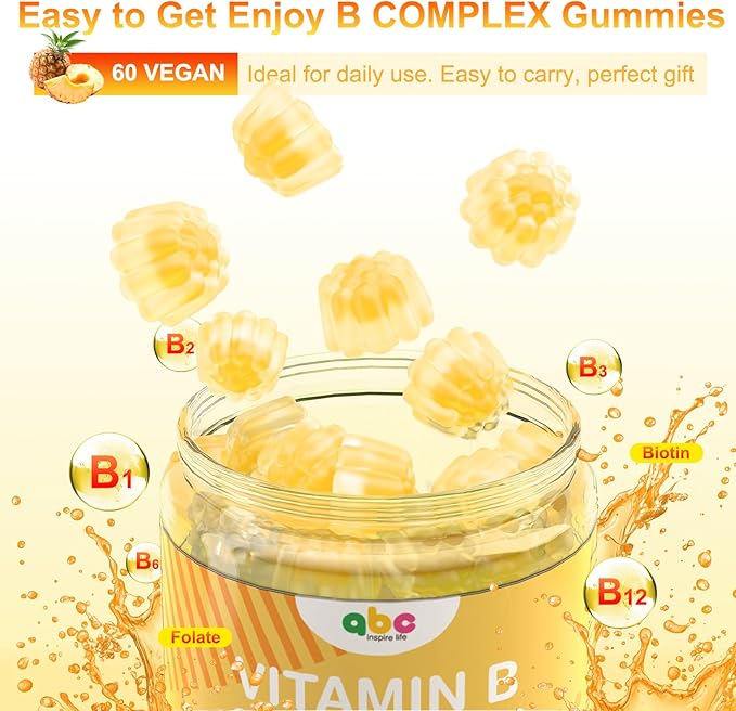 Vitamin B Complex Gummies for Adult Kid-Pineapple Flavor-Chewable Supplement with 8 Essential B Vitamins (B1, B2, B3, B5, B6, B7, B9, B12) Non GMO,Vegan 60 Count