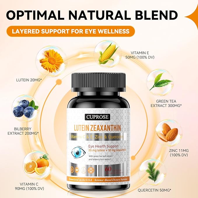 Eye Health Supplements for Macular Support, Lutein 20mg + Zeaxanthin 10mg with Bilberry, Vitamins C, E & Zinc, Macular & Vision Support for Adults & Seniors, Non-GMO, Gluten Free, 60 Softgels