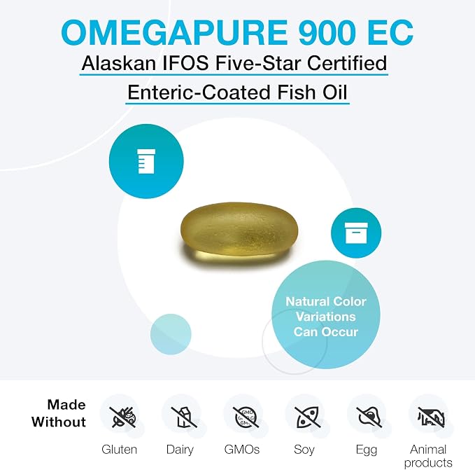 XYMOGEN OmegaPure 900 EC - Cardiovascular & Brain Support - IFOS Five-Star Certified Fish Oil - DHA EPA Omega-3 Supplement - Triglyceride Form - 120 Softgels