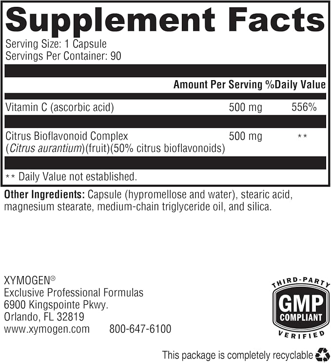 XYMOGEN Bio C 1:1 - Vitamin C Supplement with Citrus Bioflavonoids for Immune System Support - 500 mg Ascorbic Acid - Gluten-Free & Non-GMO - 90 Capsules