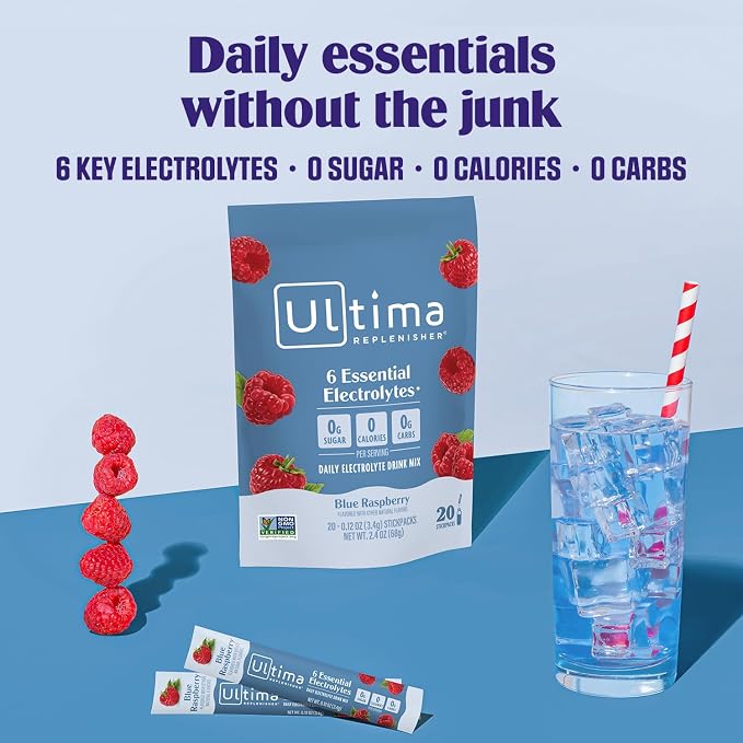 Ultima Replenisher Electrolyte Hydration Powder, Blue Raspberry, 20 Count Stickpacks Pouch - Sugar Free, 0 Calories, 0 Carbs - Gluten-Free, Keto, Non-GMO with Magnesium, Potassium | Daily Zero Sugar Powder Hydration Packets with 6 Key Electrolytes & Mi...