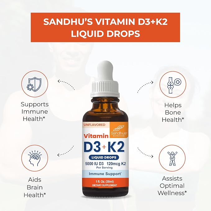Sandhu's Vitamin D3 K2 Drops for Adults | 5000 IU D3 Liquid, 120mcg K2 Supplement 1 Fl Oz (Pack of 2) | D3K2 Supports Superior Absorption, Energy, Immune, Muscle Health for Men & Women