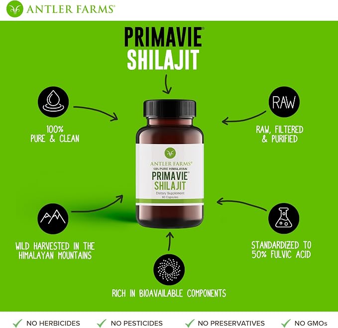 Antler Farms - 100% Pure PrimaVie Shilajit for Men Extract, 60 Capsules, 250mg – Standardized to 50% Fulvic Acid, Wild Harvested Resin from The Himalayas, Powerful Adaptogenic Supplement (Pack of 2)