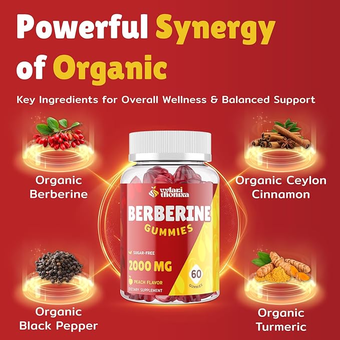 2000mg Berberine Supplement Gummies – High Potency Wellness Blend with Ceylon Cinnamon, Turmeric, Magnesium & Chromium, Vegan, Non-GMO, Gluten-Free, Peach Flavor, 60 Gummies - 1 Pack