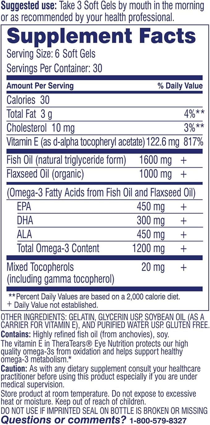 TheraTears Omega 3 Supplement for Eye Care, 1200mg Fish Oil and Organic Flaxseed Oil with Vitamin E, 180 Count